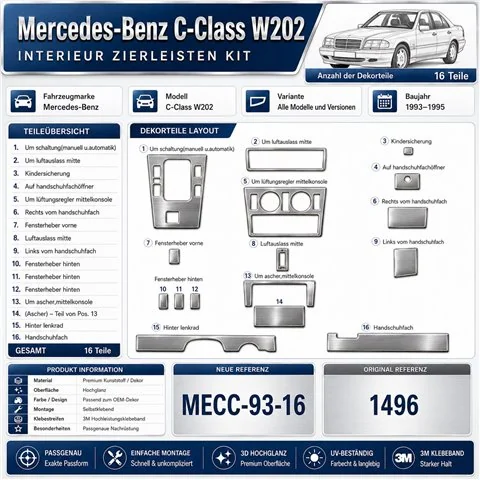 Mercedes C-Class W202 1993-1995 kit cruscotto 3D, 16 pezzi 2