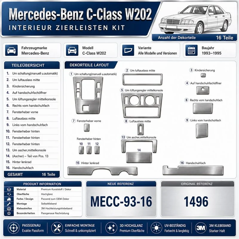 Mercedes-Benz C-Class W202 1993-1995 kit rivestimento cruscotto e interni 3D 16 pezzi