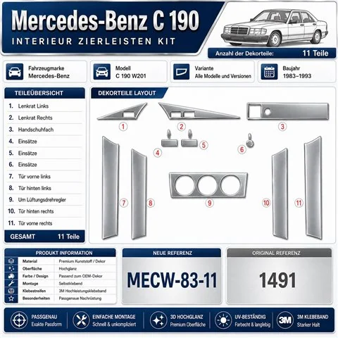 Mercedes-Benz C 190 W201 1983-1993 kit rivestimento cruscotto e interni 3D 11 pezzi 2