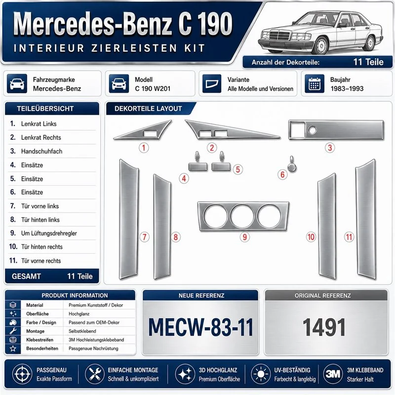 Mercedes-Benz C 190 W201 1983-1993 kit rivestimento cruscotto e interni 3D 11 pezzi