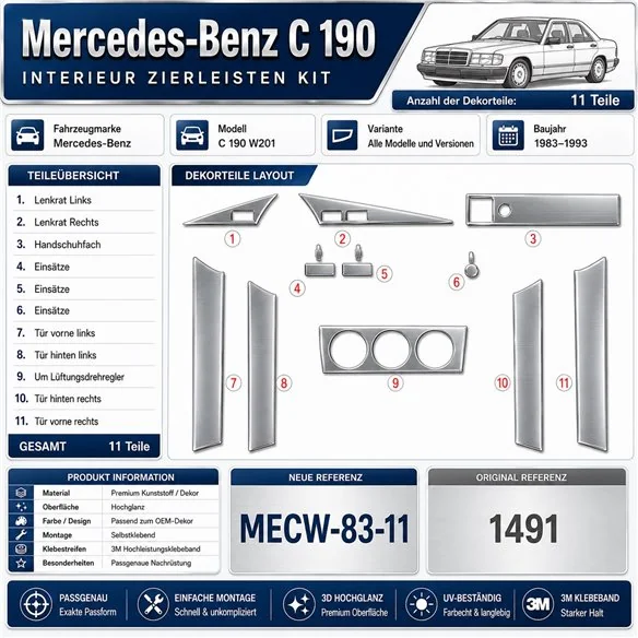 Mercedes-Benz C 190 W201 1983-1993 kit rivestimento cruscotto e interni 3D 11 pezzi