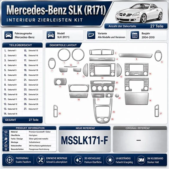 Mercedes-Benz SLK (R171) 2004-2010 kit rivestimento cruscotto e interni 3D 27 pezzi