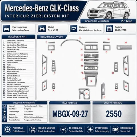 Mercedes-Benz GLK X204 2009-2016 kit rivestimento cruscotto e interni 3D 27 pezzi