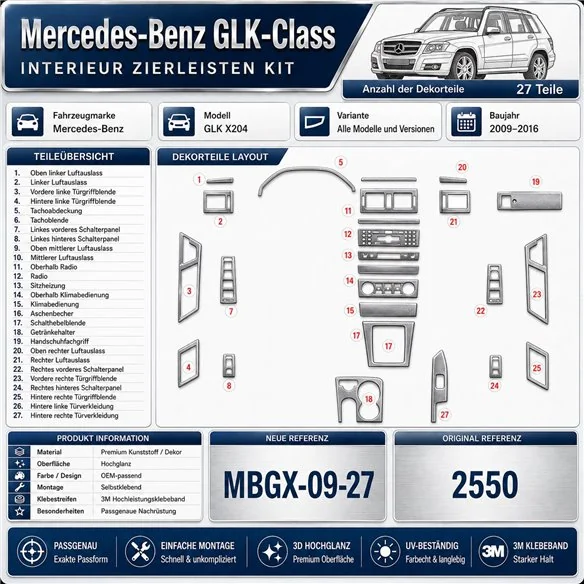Mercedes-Benz GLK X204 2009-2016 kit rivestimento cruscotto e interni 3D 27 pezzi