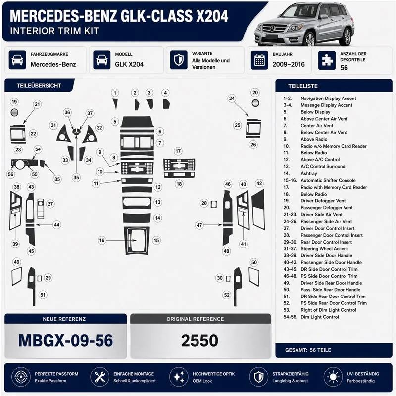 Mercedes-Benz GLK X204 2009-2016 kit rivestimento cruscotto e interni 3D 56 pezzi