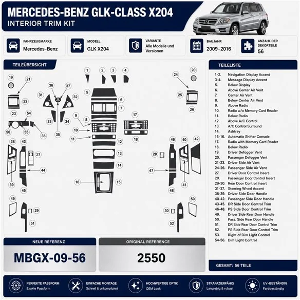 Mercedes-Benz GLK X204 2009-2016 kit rivestimento cruscotto e interni 3D 56 pezzi