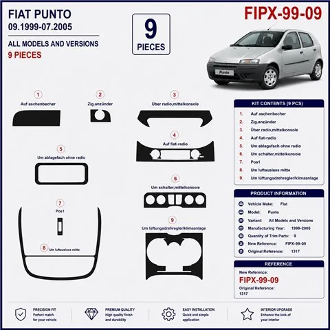 Fiat Punto 1999-2005 kit cruscotto 3D, 9 pezzi 2