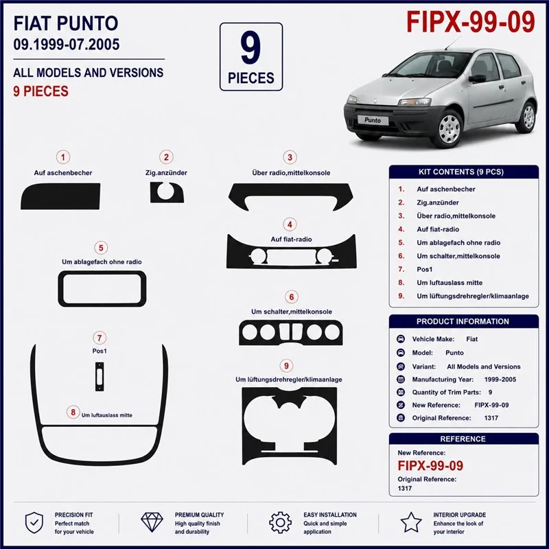 Fiat Punto 1999-2005 kit cruscotto 3D, 9 pezzi