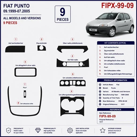 Fiat Punto 1999-2005 kit cruscotto 3D, 9 pezzi
