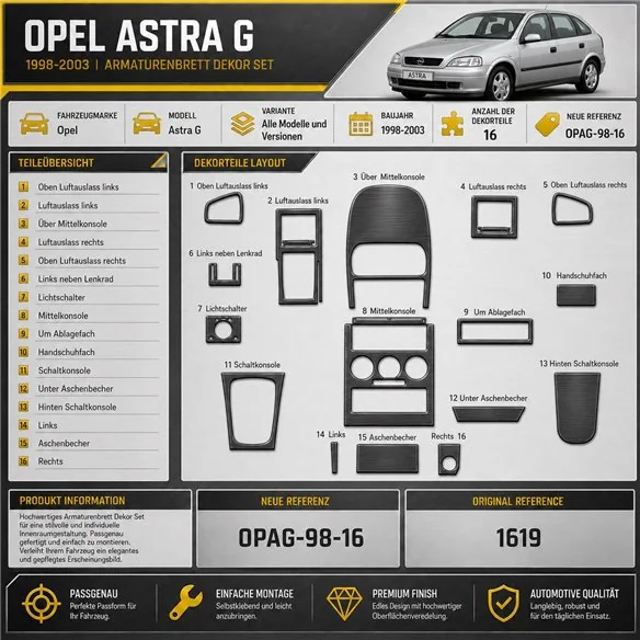 Opel Astra G 1998-2003 kit rivestimento cruscotto e interni 3D 16 pezzi