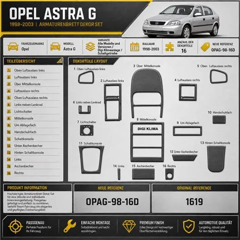 Opel Astra G 1998-2003 DIGI kit rivestimento cruscotto e interni 3D 16 pezzi