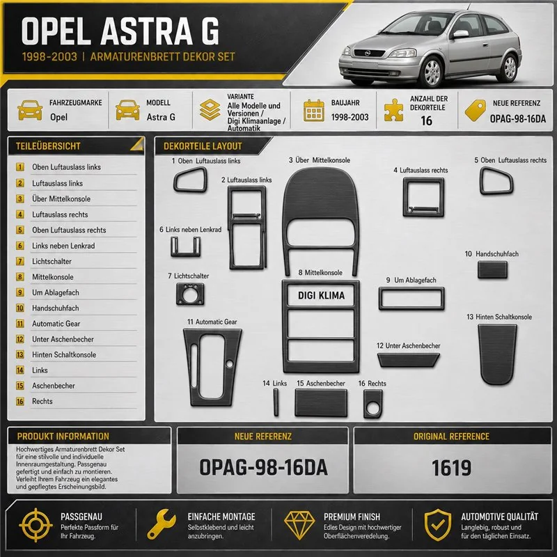 Opel Astra G 1998-2003 DIGI AUT kit rivestimento cruscotto e interni 3D 16 pezzi