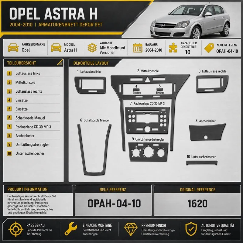 Opel Astra H 2004-2010 kit rivestimento cruscotto e interni 3D 10 pezzi