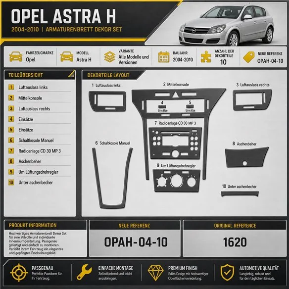 Opel Astra H 2004-2010 kit rivestimento cruscotto e interni 3D 10 pezzi