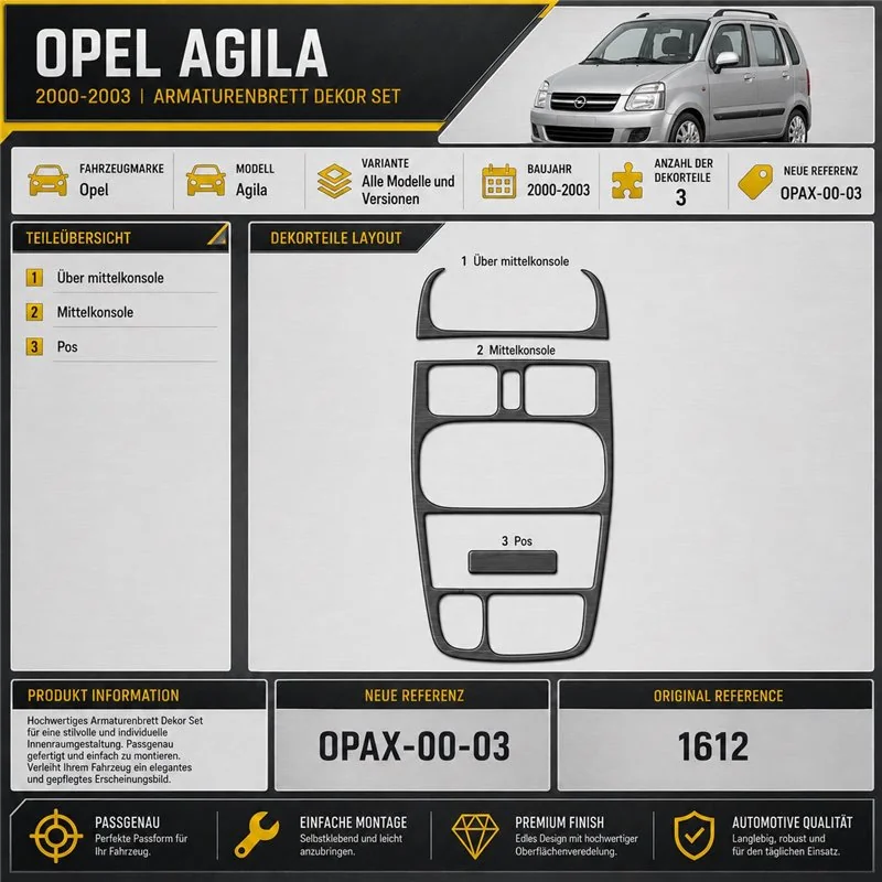 Opel Agila 2000-2003 kit rivestimento cruscotto e interni 3D 3 pezzi