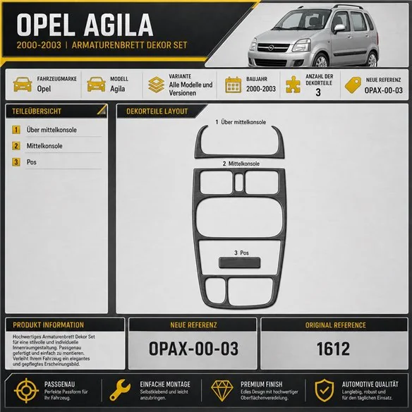 Opel Agila 2000-2003 kit rivestimento cruscotto e interni 3D 3 pezzi