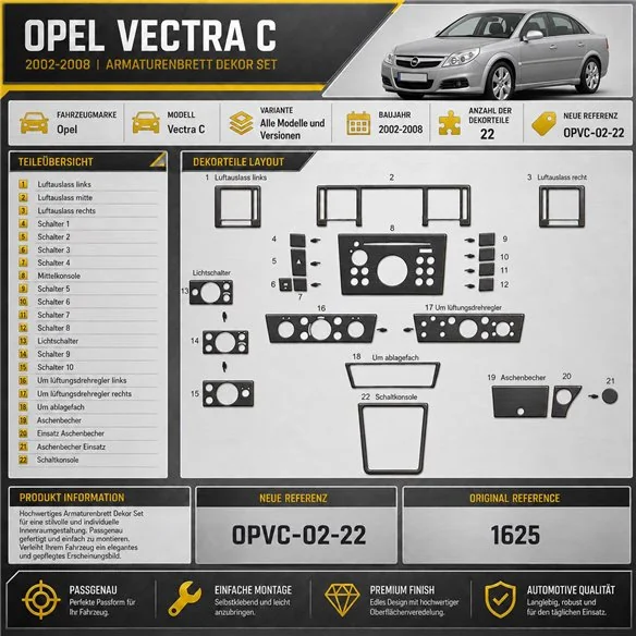 Opel Vectra C 2002-2008 kit rivestimento cruscotto e interni 3D 22 pezzi