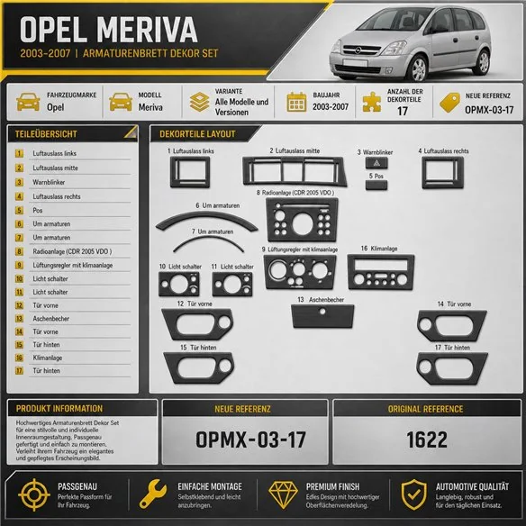 Opel Meriva 2003-2007 kit rivestimento cruscotto e interni 3D 17 pezzi