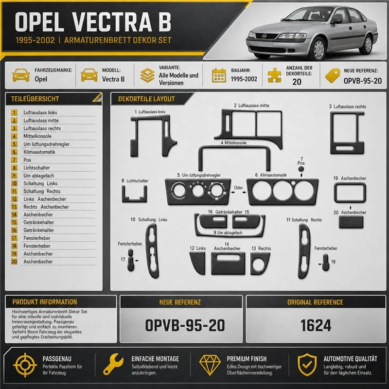 Opel Vectra B 1995-2002 kit rivestimento cruscotto e interni 3D 20 pezzi