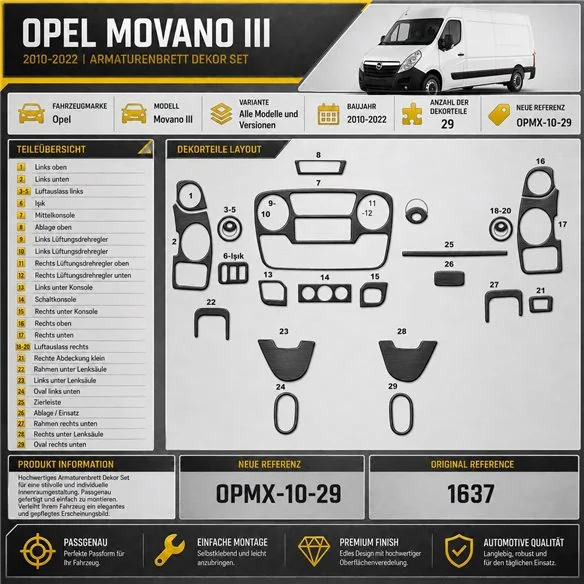 Opel Movano 2010-in poi kit rivestimento cruscotto e interni 3D 29 pezzi
