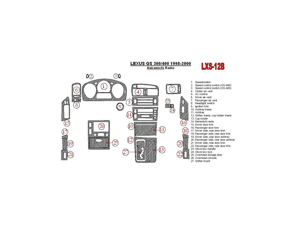 Lexus GS 1998-2000 Nakamichi Radio, OEM Compliance, 26 Parts set Cruscotto BD Rivestimenti interni
