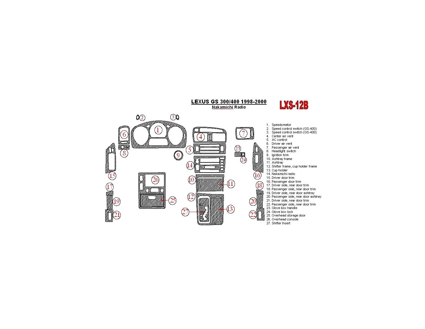 Lexus GS 1998-2000 Nakamichi Radio, OEM Compliance, 26 Parts set Cruscotto BD Rivestimenti interni