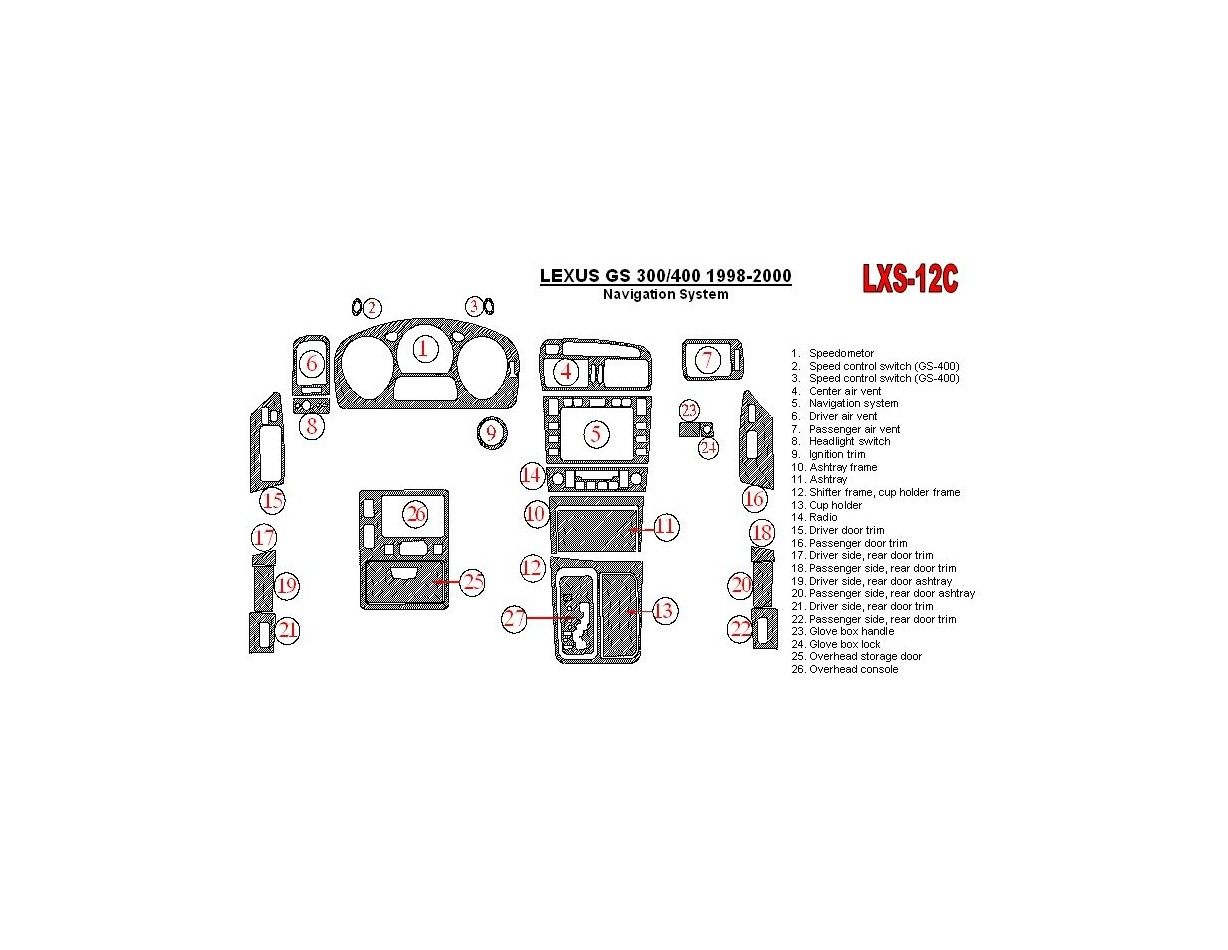 Lexus GS 1998-2000 Navigation system, OEM Compliance, 26 Parts set Cruscotto BD Rivestimenti interni Lexus GS 1998-2000 Navigation system, OEM Compliance, 26 Parts set Cruscotto BD Rivestimenti interni