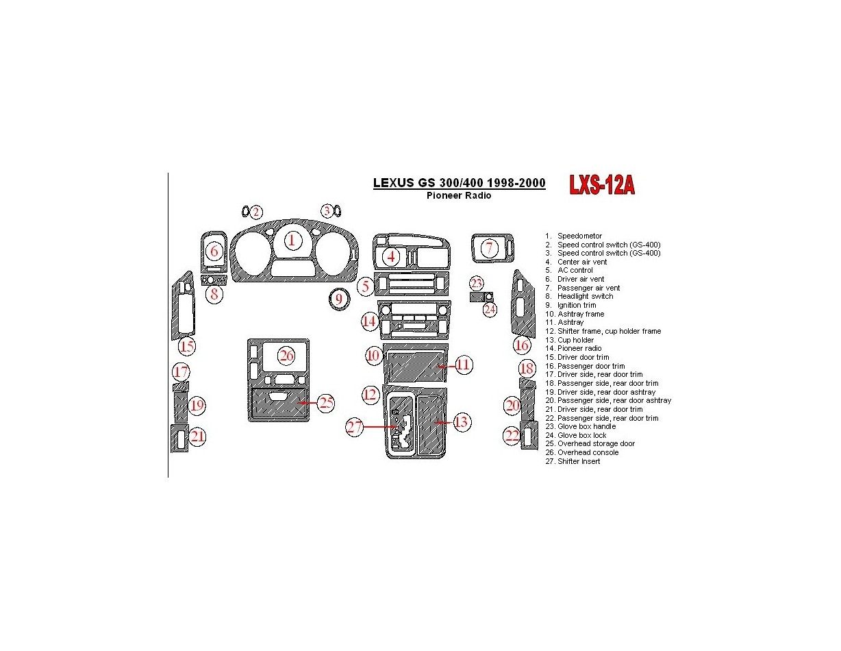 Lexus GS 1998-2000 Pioneer Radio, OEM Compliance,26 Parts set Cruscotto BD Rivestimenti interni