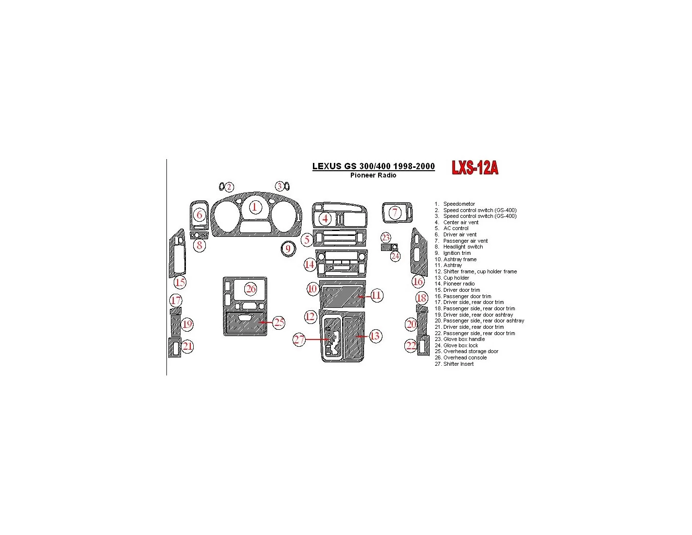 Lexus GS 1998-2000 Pioneer Radio, OEM Compliance,26 Parts set Cruscotto BD Rivestimenti interni