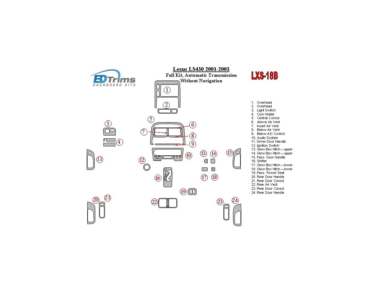 Lexus LS 2001-2003 Full Set, Automatic Gear, Without Navigation Cruscotto BD Rivestimenti interni