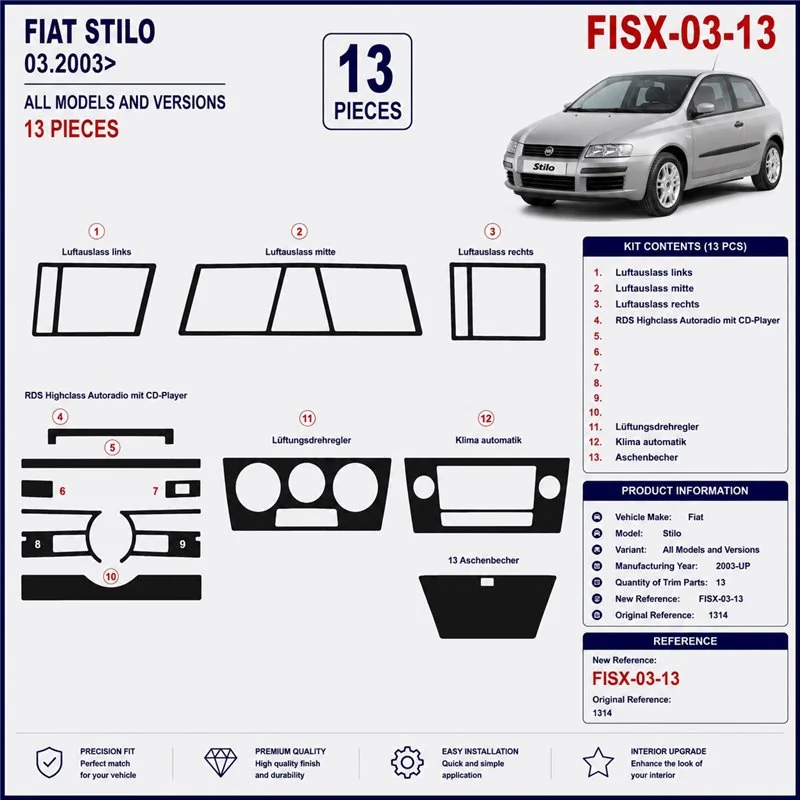 Fiat Stilo 2003+ kit cruscotto 3D, 13 pezzi