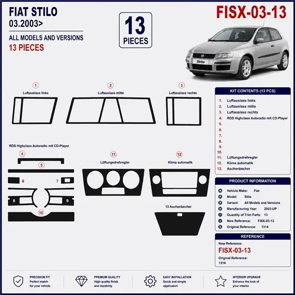 Fiat Stilo 2003+ kit cruscotto 3D, 13 pezzi