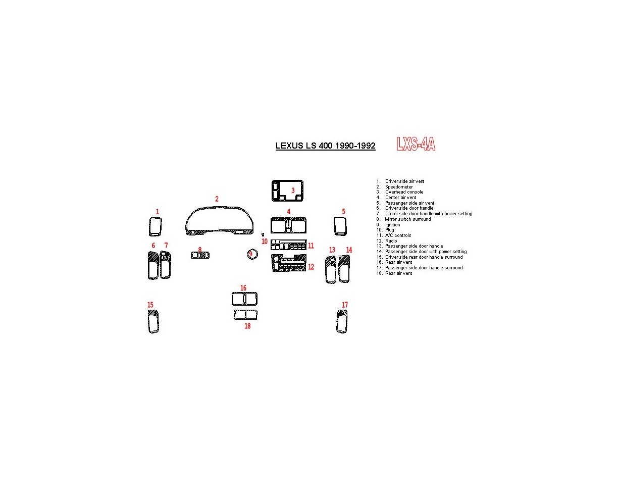 Lexus LS-400 1990-1992 Full Set, OEM Compliance, 18 Parts set Cruscotto BD Rivestimenti interni Lexus LS-400 1990-1992 Full Set, OEM Compliance, 18 Parts set Cruscotto BD Rivestimenti interni