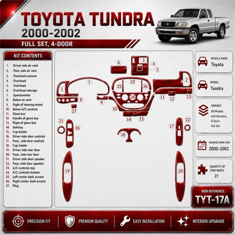 Toyota Tundra 2000-2002 4-Door; set completo kit rivestimento cruscotto e interni 3D 27 pezzi