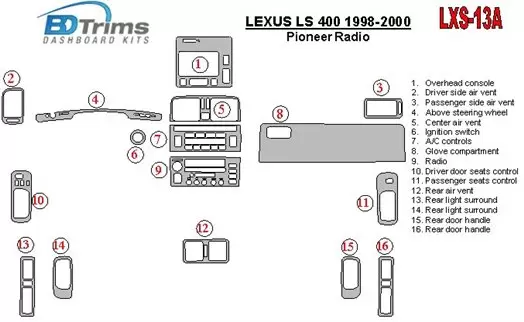 Lexus LS-400 1998-2000 Pioneer Radio, Without NAVI system, OEM Compliance Cruscotto BD Rivestimenti interni