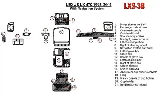 Lexus LX-470 1998-UP With NAVI system, 22 Parts set OEM Compliance Cruscotto BD Rivestimenti interni