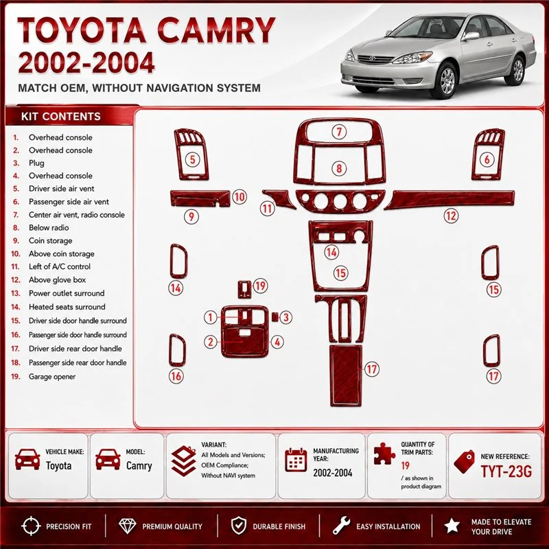 Toyota Camry 2002-2004 OEM Compliance; senza sistema di navigazione kit rivestimento cruscotto e interni 3D