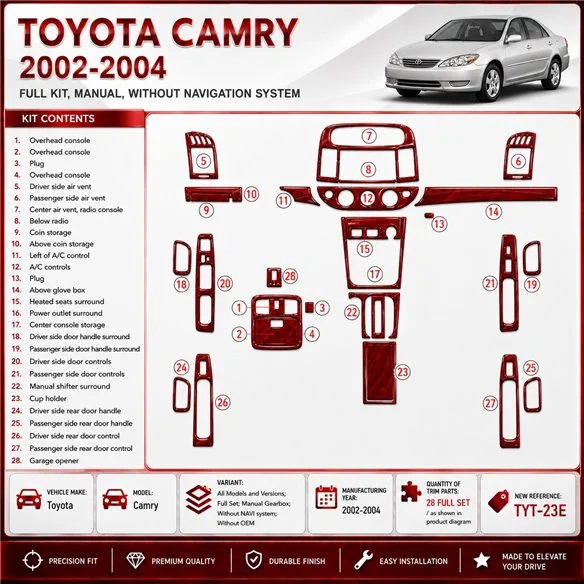 Toyota Camry 2002-2004 set completo; cambio manuale; senza sistema di navigazione; senza OEM kit rivestimento cruscotto e intern