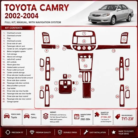 Toyota Camry 2002-2004 set completo; cambio manuale; con sistema di navigazione; senza OEM kit rivestimento cruscotto e interni 