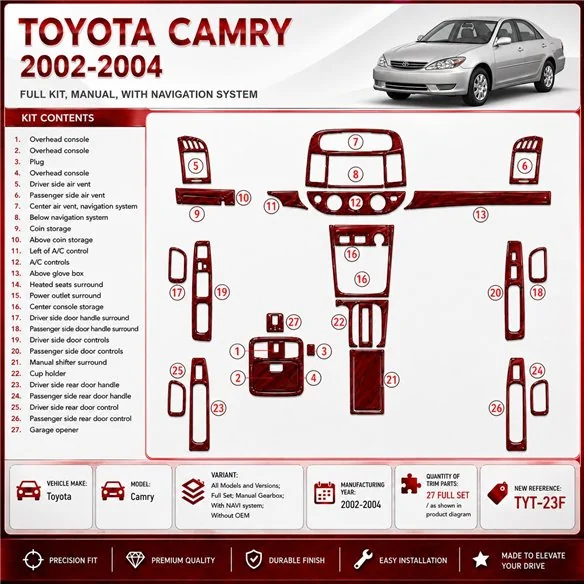 Toyota Camry 2002-2004 set completo; cambio manuale; con sistema di navigazione; senza OEM kit rivestimento cruscotto e interni 