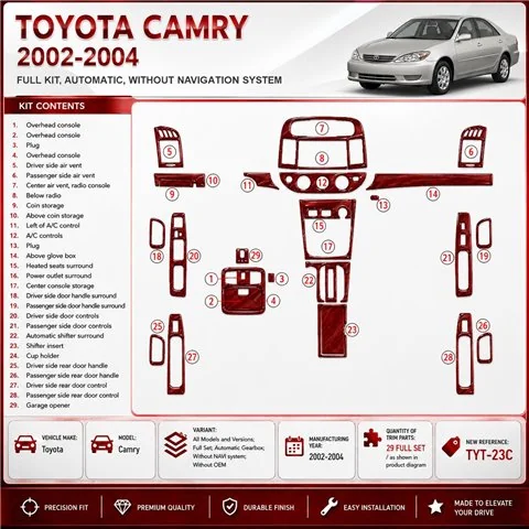 Toyota Camry 2002-2004 set completo; cambio automatico; senza sistema di navigazione; senza OEM kit rivestimento cruscotto e int