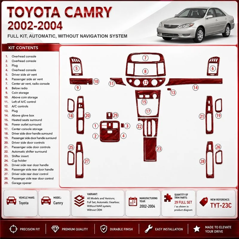 Toyota Camry 2002-2004 set completo; cambio automatico; senza sistema di navigazione; senza OEM kit rivestimento cruscotto e int