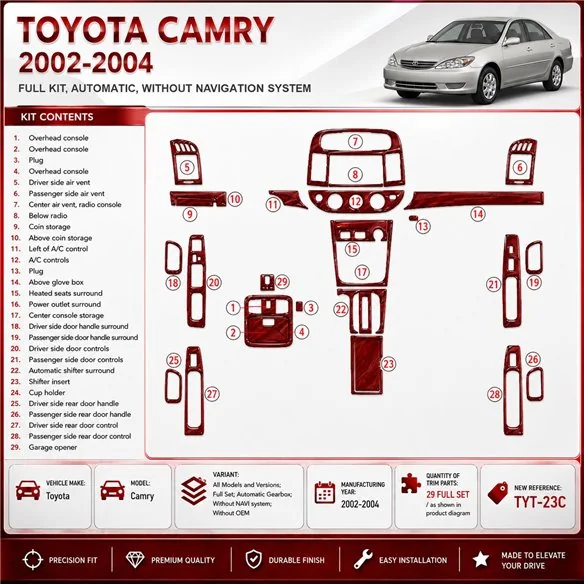 Toyota Camry 2002-2004 set completo; cambio automatico; senza sistema di navigazione; senza OEM kit rivestimento cruscotto e int