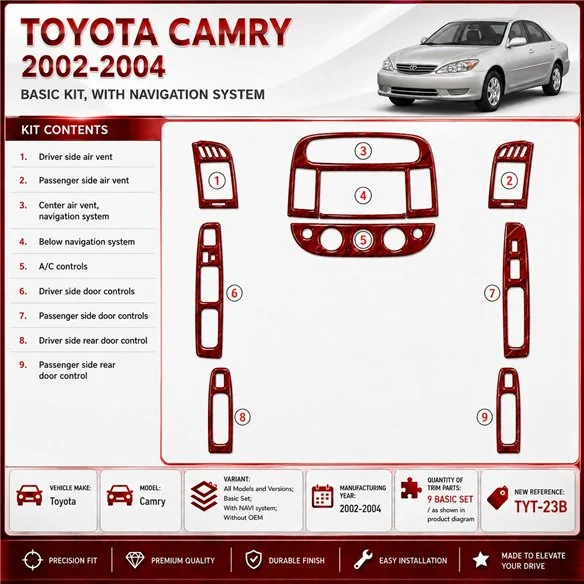Toyota Camry 2002-2004 Basic Set; con sistema di navigazione; senza OEM kit rivestimento cruscotto e interni 3D