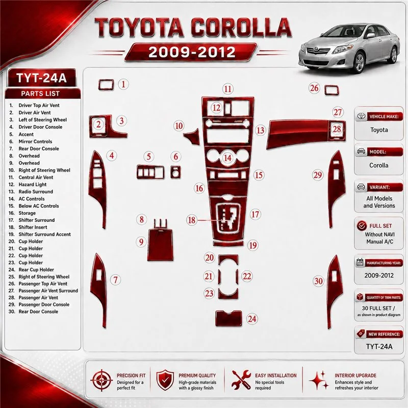 Toyota Corolla 2009-in poi set completo; senza navigatore kit rivestimento cruscotto e interni 3D