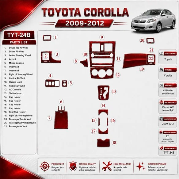 Toyota Corolla 2009-in poi OEM Compliance; senza navigatore kit rivestimento cruscotto e interni 3D