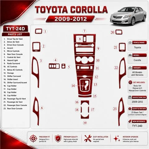 Toyota Corolla 2009-in poi Basic Set; cambio manuale porte Controls kit rivestimento cruscotto e interni 3D