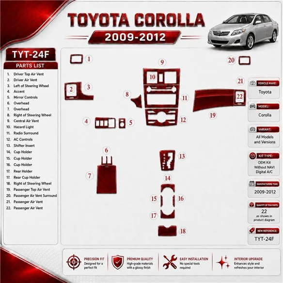 Toyota Corolla 2009-in poi OEM Kit; senza navigatore; Automatic AC kit rivestimento cruscotto e interni 3D
