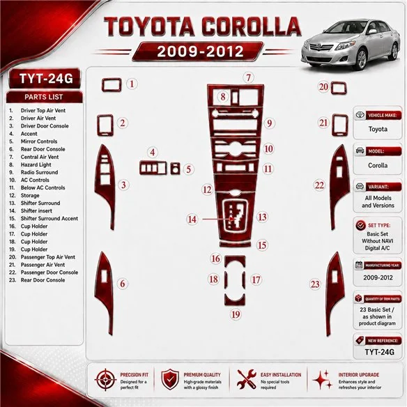 Toyota Corolla 2009-in poi Basic Set; senza navigatore; Automatic AC kit rivestimento cruscotto e interni 3D