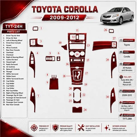 Toyota Corolla 2009-in poi set completo; Radio con Bluetooth; cambio manuale AC kit rivestimento cruscotto e interni 3D